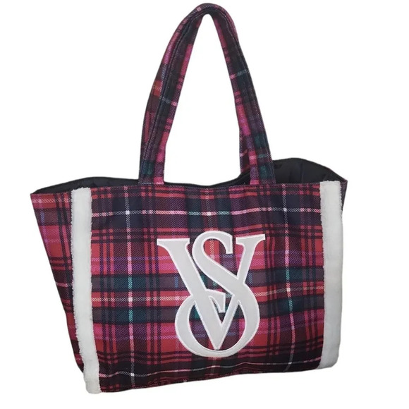 Victoria's Secret Handbags - Victoria’s Secret VS Limited Edition 2022 Holiday Fleece Trim Plaid Tote…